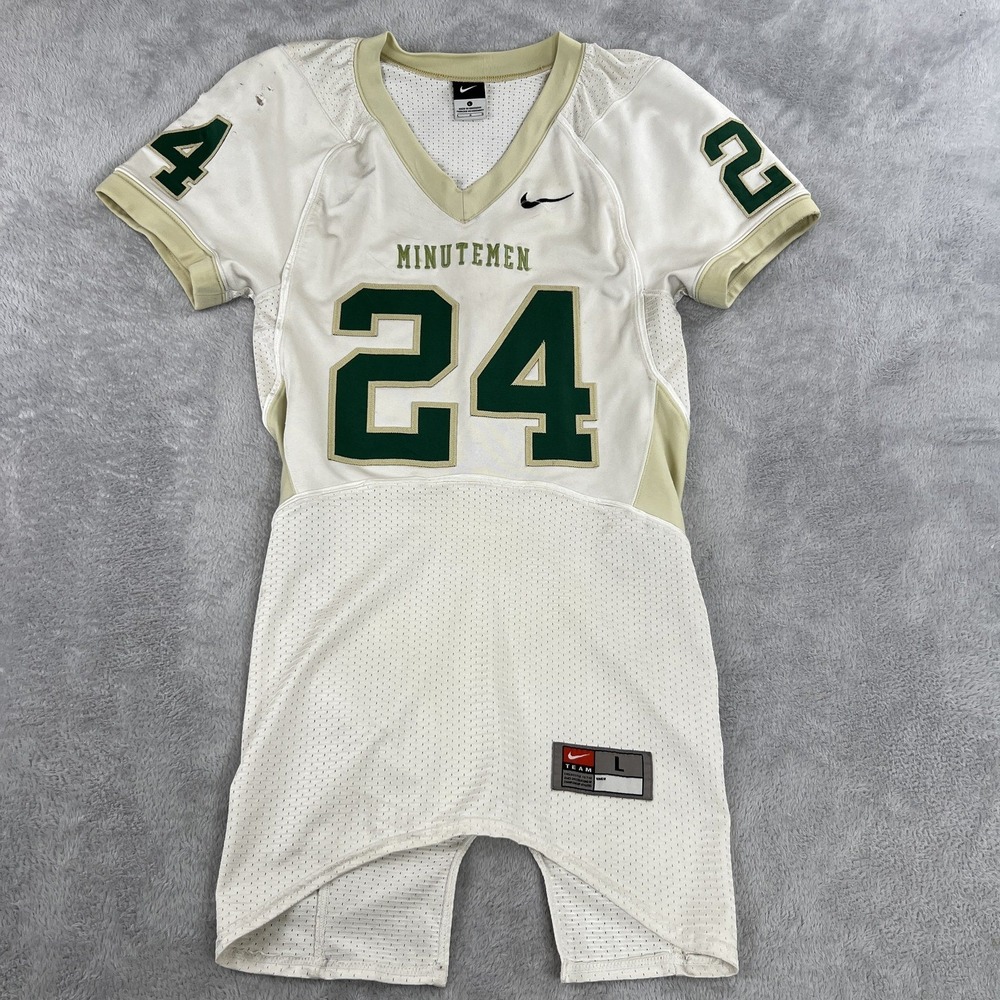 Nike Reavis Minutemen Game Worn Football Jersey L White Green Gold #24